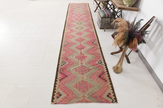 3x16 Runner Rug, 3x16 Extra Long Kilim Runner Rug, 3x16, Kilim Runner 3x16, Wool Handmade Oushak, Pink & Brown Kilim, Rug For Hallway, 60s
