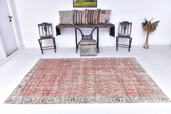5x8 Red Navy Blue Vintage Rug, 5x8 Vintage Rug, 5x8 Rug, Handmade Wool Rug Floral, 5x8 Area Rug, Turkish Rug 5x8, Rug For Living Room, 57s