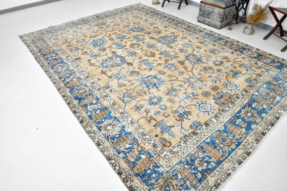 8x12 Coral Blue Color Vintage Area Rug, 8x12 Oversize Vintage Rug, Large Area Rug, Handmade Wool Rug, 8x12 Area Rug, Living Room Rug