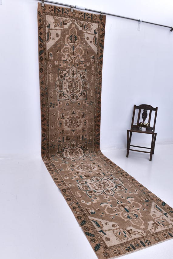 3x13 Brown Beige Persian Runner Rug, 3x13 Persian Runner, 3x13 Rug Long Handmade Wool Rug 3x13 Runner Rug 3x13 Heriz Runner Hallway Runner