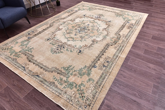7x10 Vintage Turkish  Rug, 7x10 Traditional Area Rug, Brown Green Color, 7x10 Persian Style Rug, Farmhouse Rug, 7x10 Faded Rug, 7x10 Rug