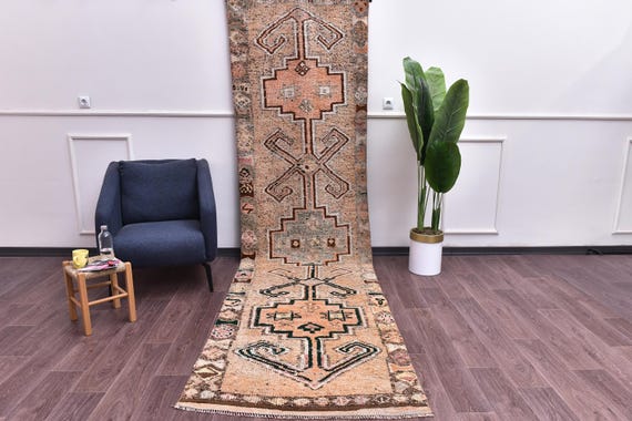 3x12 Handmade Vintage Wool Runner Rug, Rug For Hallway Kithcen, Peach Green Color, Traditional Oriental Runner