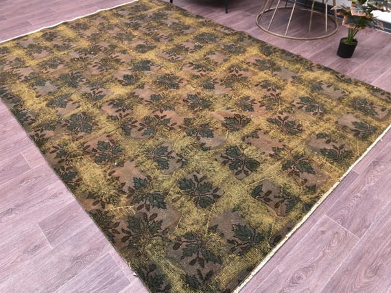 6x9 Vintage Overdyed Leaf Rug, 6x9 Handmade Wool Rug, 6x9  Living Room Bedroom Rug, Golden Mustard Brown Color, 6x9 Area Rug,