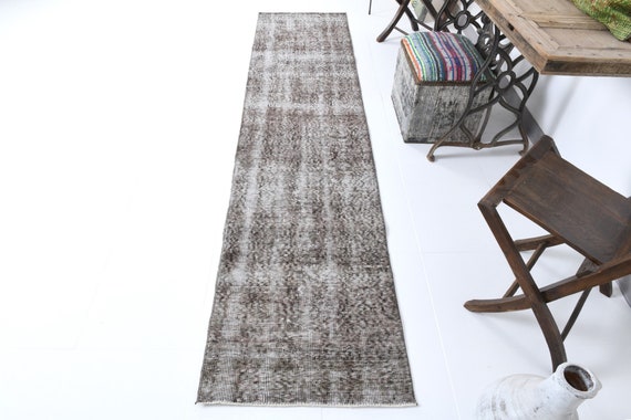 2x10 Rugs, 2x10 Narrow Runner, 2x10 TURKISH VINTAGE RUNNER, 2x10, Oushak Handmade Rug, 2x10 Runner Rug, Turkish Runner, Gray & Brown Runner