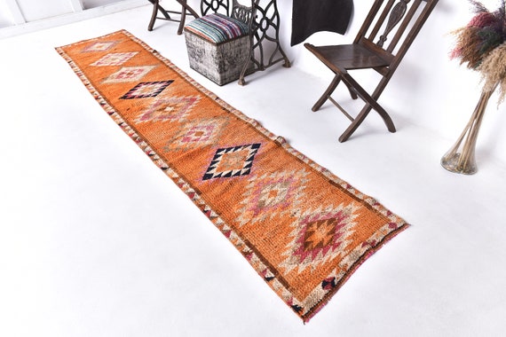 2x11 Antique Runner Rug, Orange Color Rug, Turkish Runner Rug 2x11, Hallway Rug 2x11, Tribal Rug 2x11, Wool Rug 2x11, Doorway Rug,