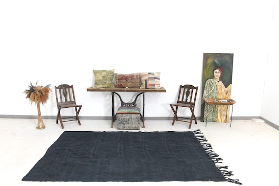 5x8 Area Rug, 5x8 Hemp Rug, 5x8 Dark Blue Pure Hemp Rug, 5x8, Fringed Handmade Hemp, 5x8 Rug, Pastel Blue Area Rug, 5x8 Turkish Rug, Antique