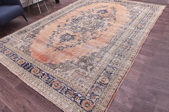 8x11 Vintage Faded Peach Rug, 8x11 Handmade Wool Rug, 8x11 Area Rug, Farmhouse Decor, Medallion Rug, 8x11 Large Rug, Peach Navy Blue Color