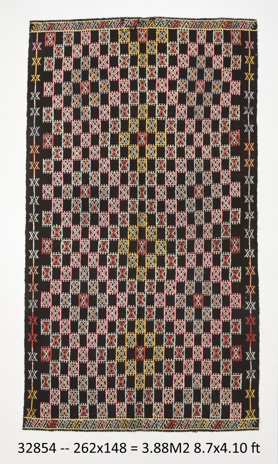 5x9 Area Rug, 5x9 Kilim Rug, 5x9 TURKEY VINTAGE KILIM Rug, 5x9, Bohemian Kilim 5x9, Wool Handwoven Rugs, Shades Of Pink & Black, Anatolian