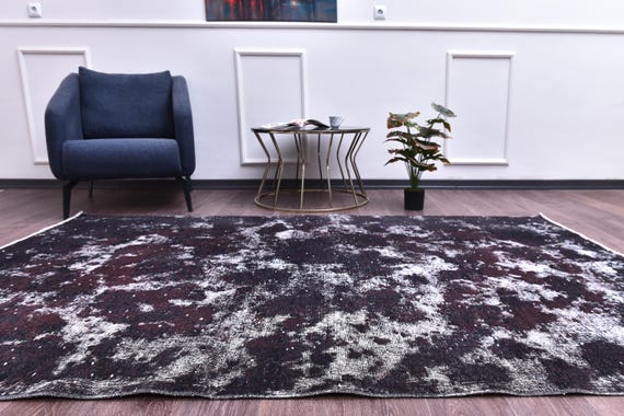 5x8 Vintage Overdyed Faded Rug, 5x8 Handmade Wool Rugs, Black Purple Color, 5x8 Ombre Design, 5x8 Area Rugs, Living Room Rugs