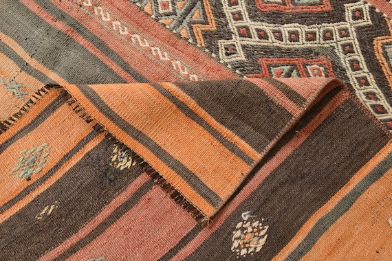 5x6 Orange Brown Stiped Kilim Rug, 5x6 Kilim Rug, Handmade Wool Rug, 5x6 Rugs, Striped Eclectic Style, Kilim Rug 5x6, Rug For Farmhouse Room