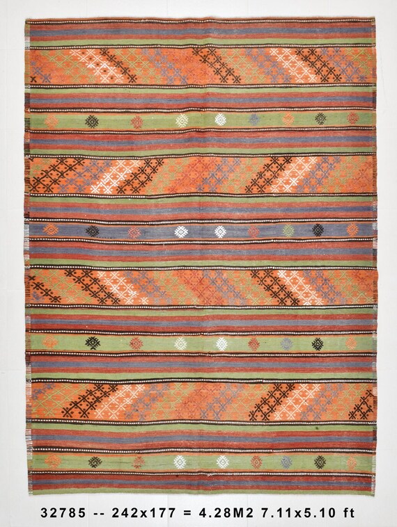 6x8 TURKISH VINTAGE KILIM Rug, 6x8, Vintage Kilim Rug, Oushak Handmade Rug, 6x8 Area Rug, Shades Of Green Orange, Modernist & Bohemian Style