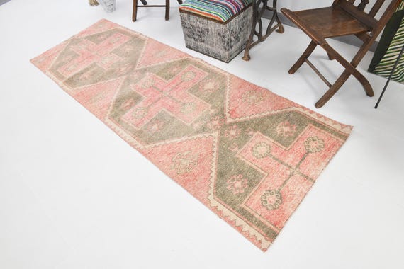 3x9 Vintage Runner Rug, 3x9 Turkish Vintage Oriental Style Runners 3x9 Rugs Rugged Handmade Wool Rug 3x9 Turkish Runner Pale Red Runner 58s