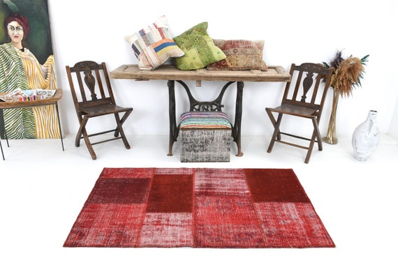 3x6 Area Rug, 3x6 Chess Vintage, 3x6 Red Turkish Vintage Rug, Handmade Wool Rug, 3x6 Rug, Shades Of Wine Red, Vintage Rug 3x6, Mid Century