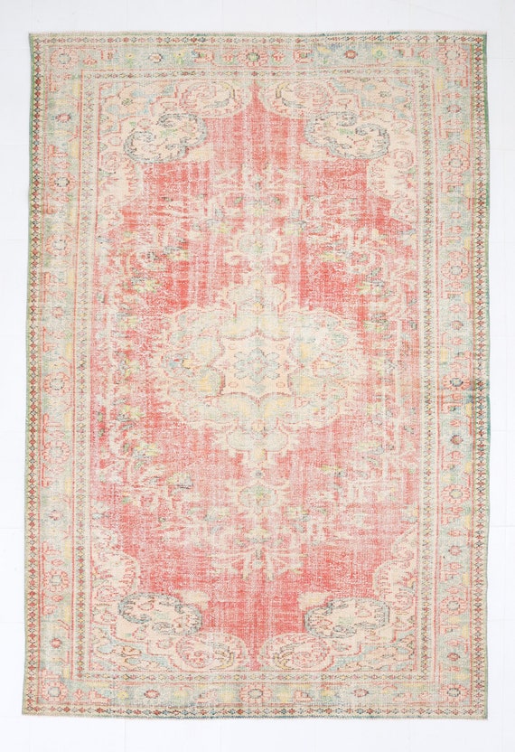 6x9 Area Rug, 6x9 Classic Vintage, 6x9 TURKISH VINTAGE AREA Rug, 6x9, Wool Handmad Turkey, Peach Red & Cream Rug, Rug For Office Bedroom