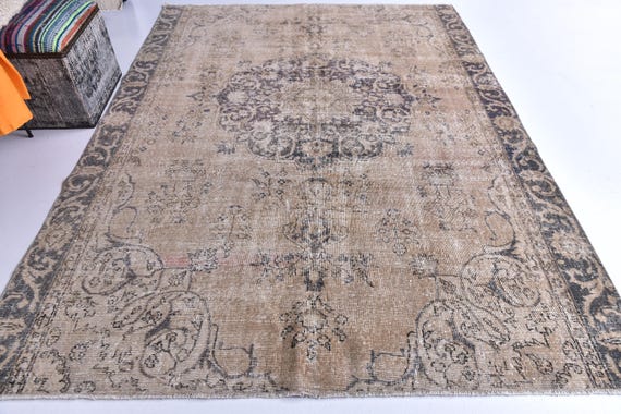 6x8 Vintage Faded Area Rug, Handwoven Traditional Rug, Handmade Wool Rug, 6x8 Area Rug, Elegant Black and Brown Color Rug, Unique Rug