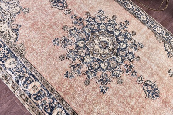 6x9 Vintage Turkish Rug, Hand-Knotted  Rug, 6x9 Perfect For Living Room Bedroom, Peach Blue Color, 6x9 Persian Medallion Rug, 6x9 Rug