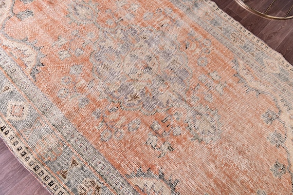 5x9 Antique Faded Area Rug, 5x9 Salmon, Green Color, Farmhouse Decor, Handwoven Wool Rug, 5x9 Area Rug, 5x9 Living Room Rug, Floral Rug