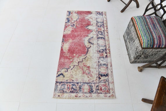 2x5 Runner Rug, 2x5 Vintage Runner, 2x5 TURKISH VINTAGE RUNNER Rug, 2x5, Short Handmade Oushak, 2x5 Turkish Runner, Red Blue Vintage Rug,