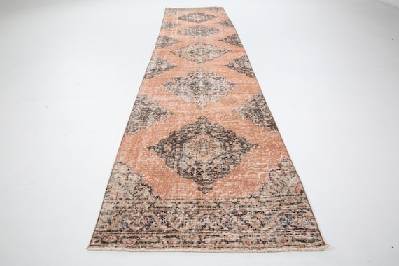 3x12 orange Vintage Turkish Runner Rug, 3x12 Turkish Runner Wool Handmade Oushak Rug 3x12 Runner Rug Orange & Brown Rug Wide Kitchen Rugs