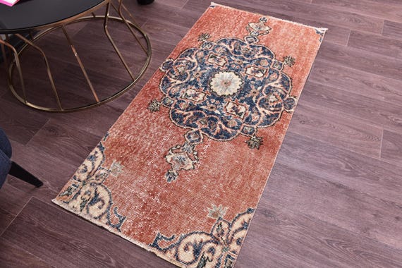 2x5 Small Vintage Accent Rug, 2x5 Red Blue Color, Medallion Design, 2x5 Bath Mat, 2x5  Door Mat, 2x5 Accent Rug, Vintage Rug, Small Rug