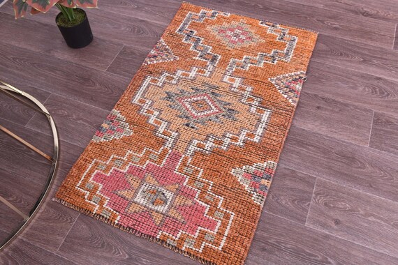 2x3 Vintage Peach Doormat Rug, Traditional Bath Decor, 2x3 Distressed Rug, Handmade Home Decor, Red Peach Color, 2x3 Accent Rug