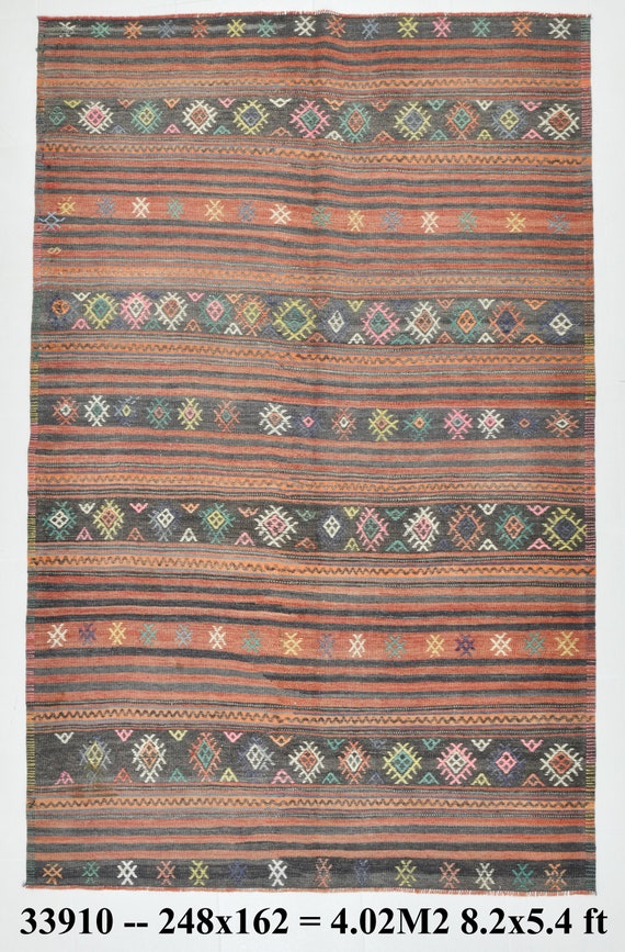 5x8 Area Rug, 5x8 Turkish Vintage Kilim Rug, Faded Orange Tones Handmade Wool Area Rug, Rustic Primitive 1962s Antique Kilim, Gift Tapis Rug