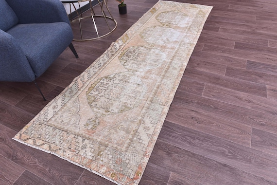 3x9 Vintage Turkish Runner Rug, 3x9 Faded Hallway Rug, Handmade Runner Rug, Vintage Home Decor, Farmhouse Rug, 3x9 Hallway Runner