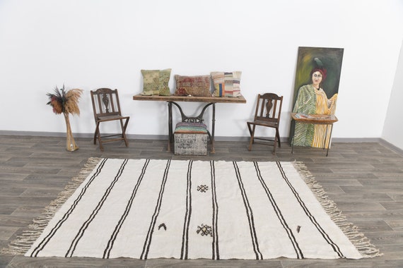 Antique Vintage Turkish Rug 6x8 Area Rug, 6x8 Hemp Rug, 6x9 NEUTRAL VINTAGE HEMP Rug, Turkish Handmade Hemp 6x8 Rugs, White & Black Hemp Rug