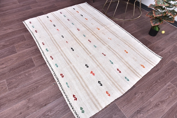 4x6 Hemp Accent Rug, White Beige Color, 4x6 Farmhouse Style, Handmade Hemp Rug, Oriental Rug, 4x6 Rugs, Handmade Wool Rugs,