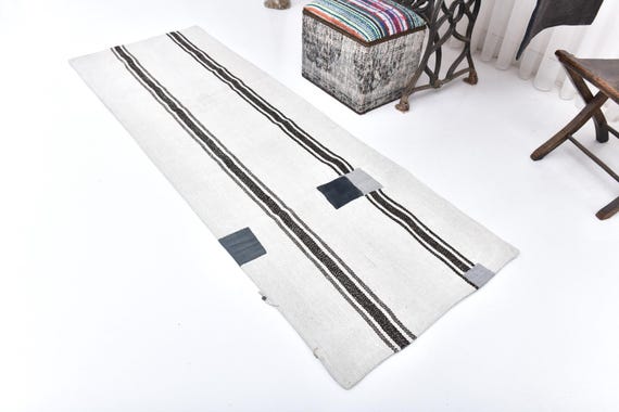 2x7 White & Black Hemp Runner Rug, 2x7 Vintage Runner, 2x7 Rug, Natural Handmade Hemp, 2x7 Runner Rug, Hemp Runner, Rug For Hall