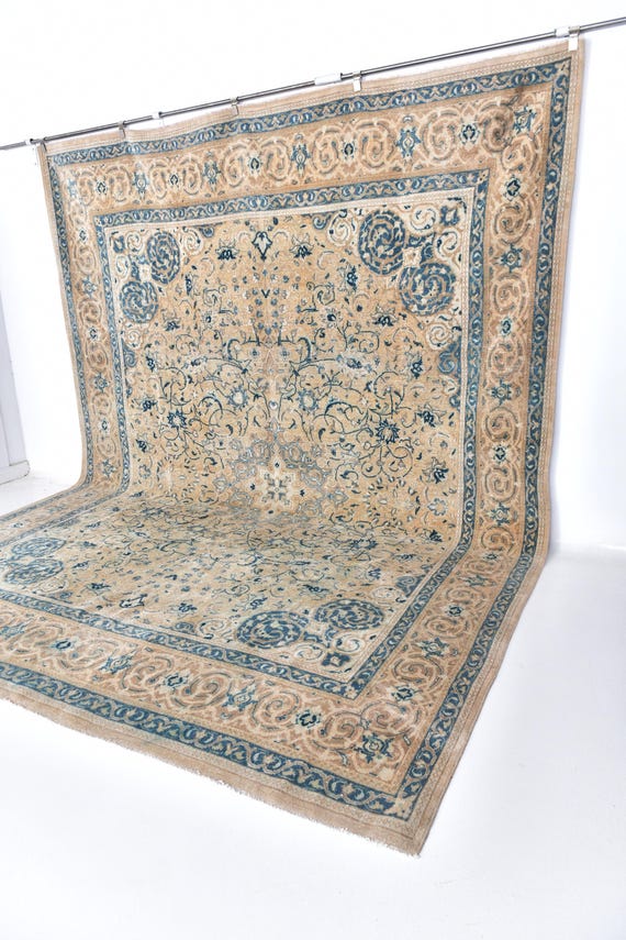 9x13 Vintage Persian Area Rug, 9x13 Elegant Luxury Rug, Traditional Oriental Rug, 9x13 Area Rug, Cream and Blue Color Rug, 9x13 Rug