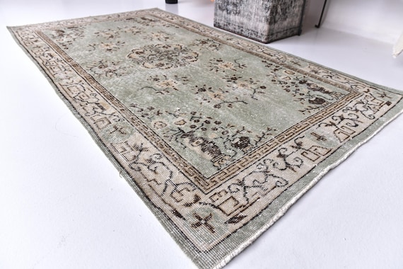 3x6 Vintage Sage Green Rug, 3x6 Floral Accent Rug, Handmade Area Rug, 3x6 Rug, Bedroom Rug, Turkish Accent Rug, Area Rug, Green Cream Color