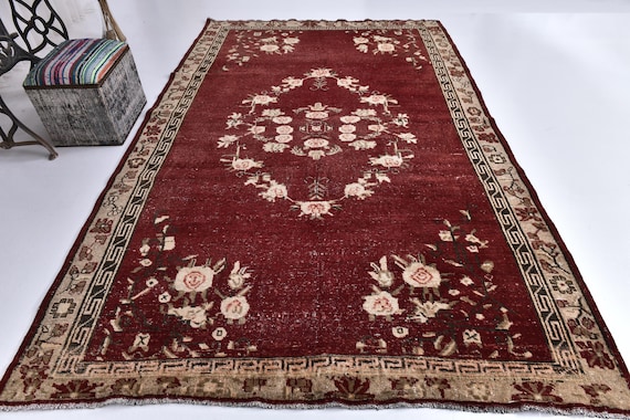 6x10 Vintage Elegant Rug, 6x10 Area Rug, 55's Rug, Burgundy Gold Color, 6x10 Large Area Rug, Vivid Red Color Rugs, 6x10 Handmade Wool Rug,