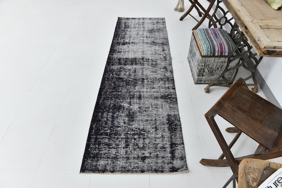 2x8 Short Turkish Vintage Runner Rug, Shades Of Black Navy Blue Wool Handmade Narrow Oushak Camaouflage Style Runners Rugs Of Kitchen Rugs