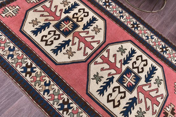 5x8 Vintage Turkish Area Rug, 5x8 Handmade Wool Rug, Peach Blue Cream Color, 5x8 Medallion Design, Area rugs, Living Room Rug, Geometric Rug