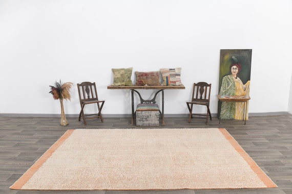Antique Vintage Turkish Rug 7x10 Area Rug, 7x10 Vintage Rug, 7x10 Rug, 7x10, Wool Handmade Turkish 7x10 Orange & Beige Vintage Gift Rugs