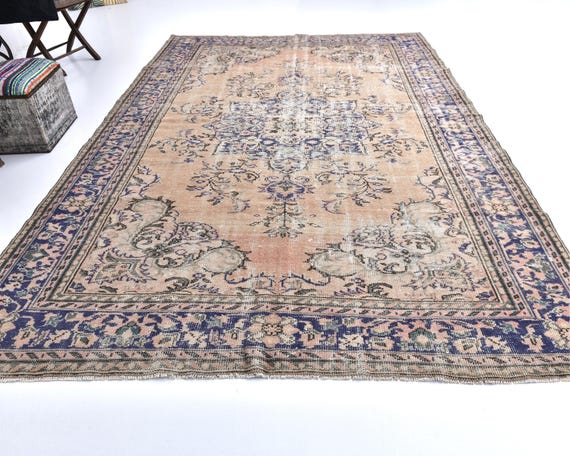 8x12 Blue Beige Vintage Rug, Oversize Vintage Rug, Large Area Rug, 8x12 Rug, Handmade Wool Rug, Vintage Rug 8x12, Rug For Living Room, Gifts