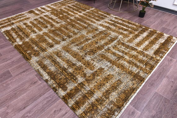 6x10 Vintage Overdyed Faded Rug, Mustard Brown Color, 6x10 Handmade Wool Rug, Farmhouse Rug, 6x10 Antique Faded Rug, 6x10 living Room Rug