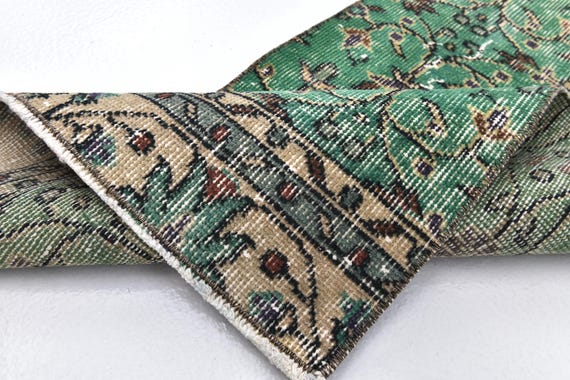 2x10 Royal Green Cream Oushak Runner Rug, 2x10 Oushak Runner, 2x10 Rug, Retro Handmade Rug, 2x10 Runner Rug, 2x10 Vintage Runner, Antique