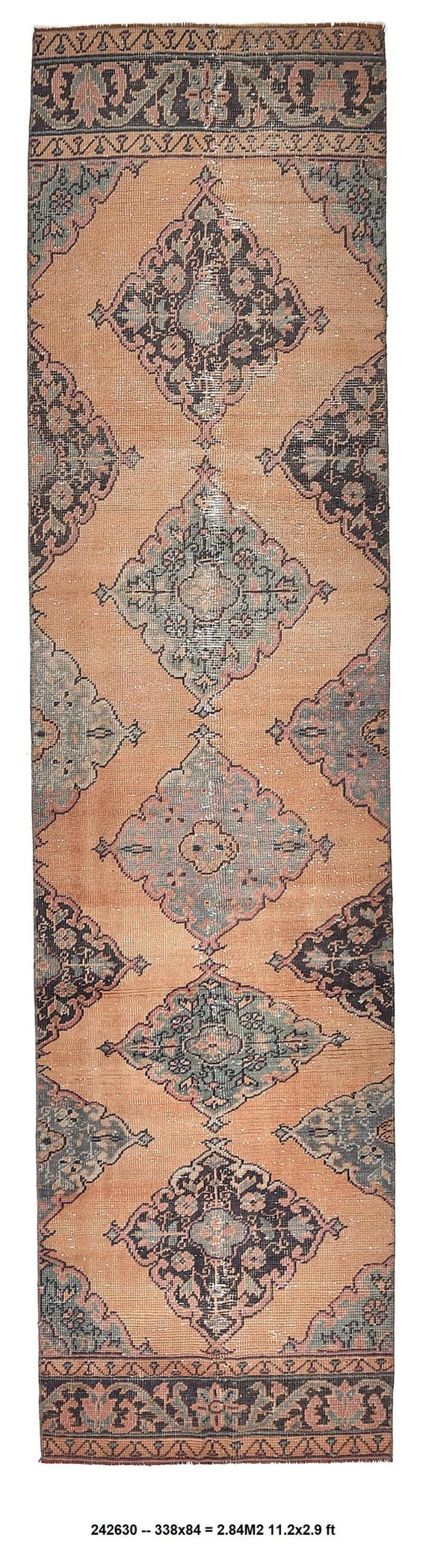 3x11 Antique Salmon Color Turkish Runner Rug, 3x11 Vintage Runner Rug, Floral Runner Rug, 3x11 Hallway Rug, 3x11 Doorway Rug