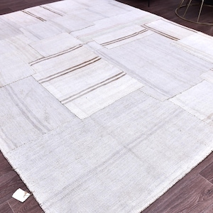 8x10 Ivory Patchwork Kilim Rug, Vintage Area Rug, Ivory Brown Color, 8x10 Large Area Rug, Wool Handmade Kilim, 8x10 Neutral Rug Tribal Kilim