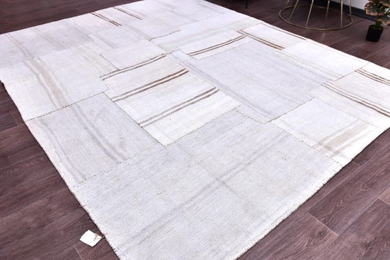8x10 Ivory Patchwork Kilim Rug, Vintage Area Rug, Ivory Brown Color, 8x10 Large Area Rug, Wool Handmade Kilim, 8x10 Neutral Rug Tribal Kilim
