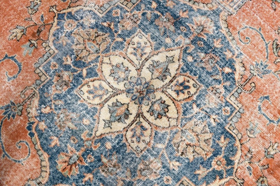 8x11 Vintage Floral Rug, 8x11 Blue Orange Oversize Vintage Rug, Large Handmade Area Rug, 8x11 Rugs, Aesthetic Oriental Style, 57s