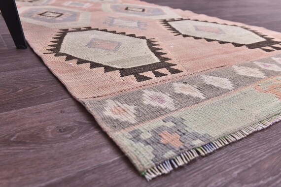 2x10 Vintage Turkish  Faded Kilim Runner Rug, Hallway Rug, Oriental Accent Rug, Rugged Rug, Geometric Design