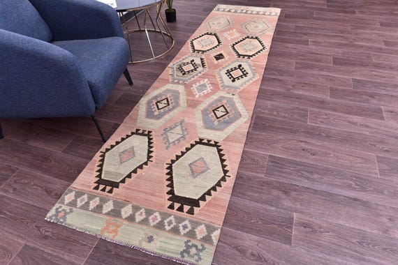 2x10 Vintage Turkish Kilim Runner Rug, 2x10 Traditional Kilim Rug, 2x10 Hallway Rug, Oriental Accent Rug, 2x10 Rugged Rug, Geometric Design
