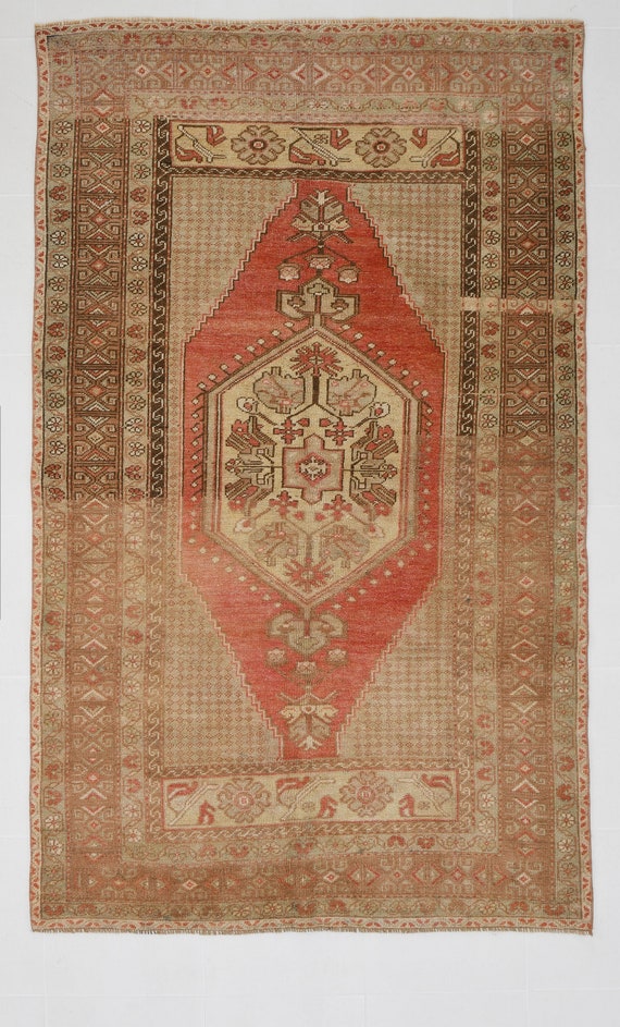 4x8 TURKEY Red Beige Vintage Rug,4x8 Area Rug,Turkish Vintage Rug,4x8 Rug,Handmade Vintage Rug,Oushak Rug 4x8,Bohemian Rug,Carpet Rug,