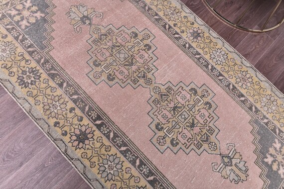 4x7 Vintage Turkish Accent Rug, Salmon, Olive Green Color, 4x7 Medallion Style, Handmade Wool Rug, 4x7 Oushak Rug, Oriental Rug 4x7 Area Rug