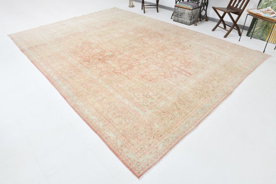 10x14 Peach Red Beige Persian Rug, Oversize Persian Rug Large Area Rug 10x14 Rug Wool Handmade Persian 10x14 Persian Rugs For Living Room