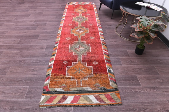 3x8 Vintage Red Runner Rug, Peach Orange Color, 3x8 Handmade Geometric Runner, 3x8 Elegant Runner, 3x8 Hallway Rug, 3x8 Kithcen Rug,