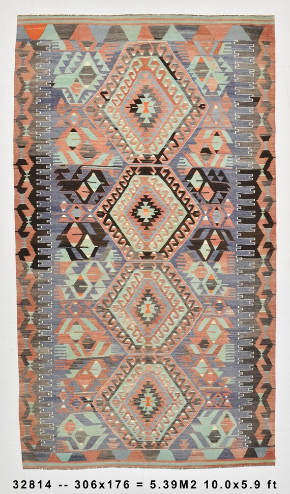 6x10 TURKISH VINTAGE KILIM Rug, 6x10, Oushak Handmade Kilim, Shades Of Green & Blue Kilims, Kilim Rug 6x10, Farmhouse Decor, Rug For Bedroom